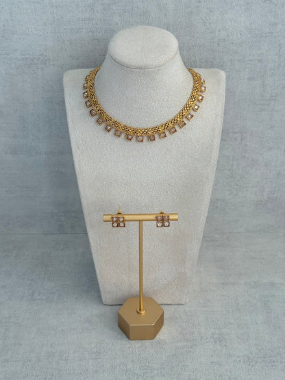 Ayura Designs Bhawani Set with Necklace & Stud Earrings – Square-Cut Kundan Stones in Antique Gold Finish