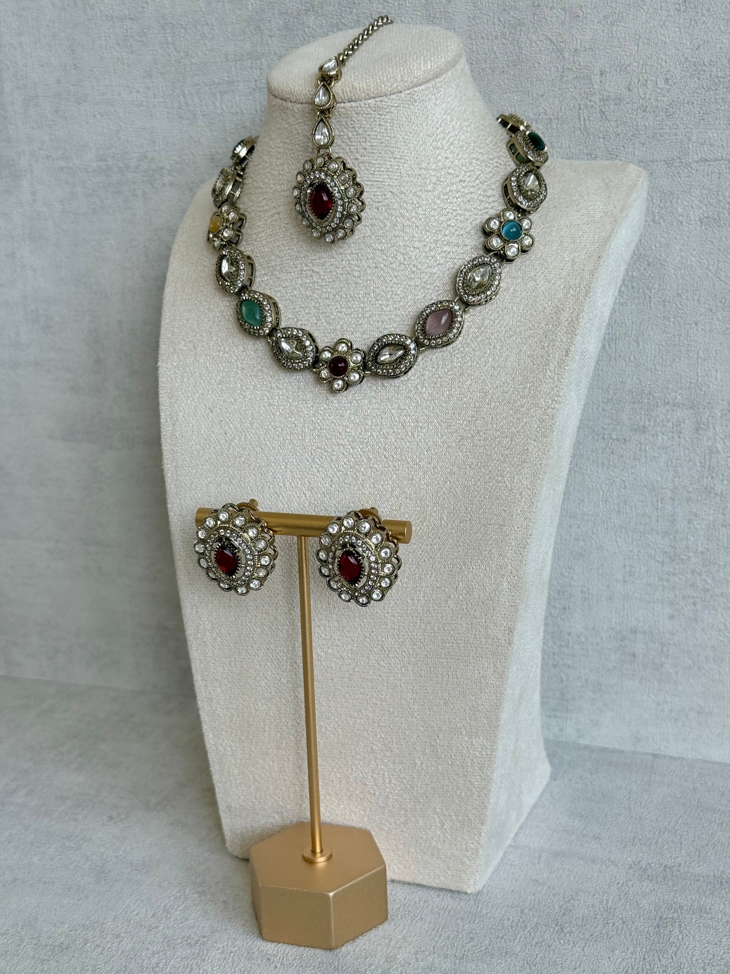 Ayura Designs Ivy Necklace Set with Studs & Tikka – Multicolour Kundan Detailing