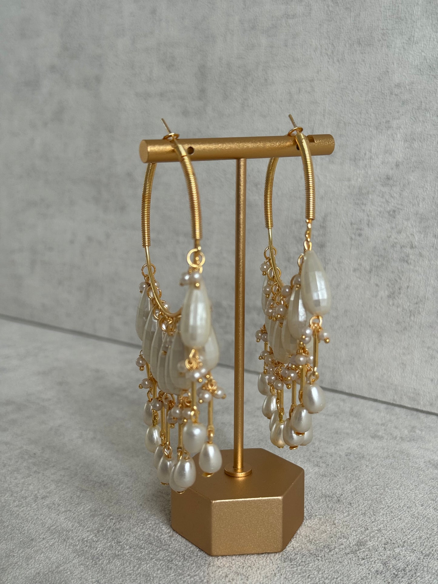 Ayura Designs Emery Balis – Gold Hoop Earrings with Faceted Pearl Drops & Fringe Detailing