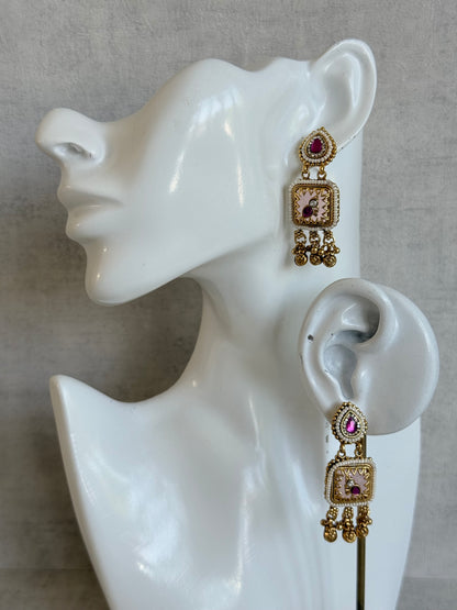 Ayura Designs Inira Drop Earrings – Blush Pink Enamel Bird Earrings with Rani Pink Kundan & Ghungroo Drops