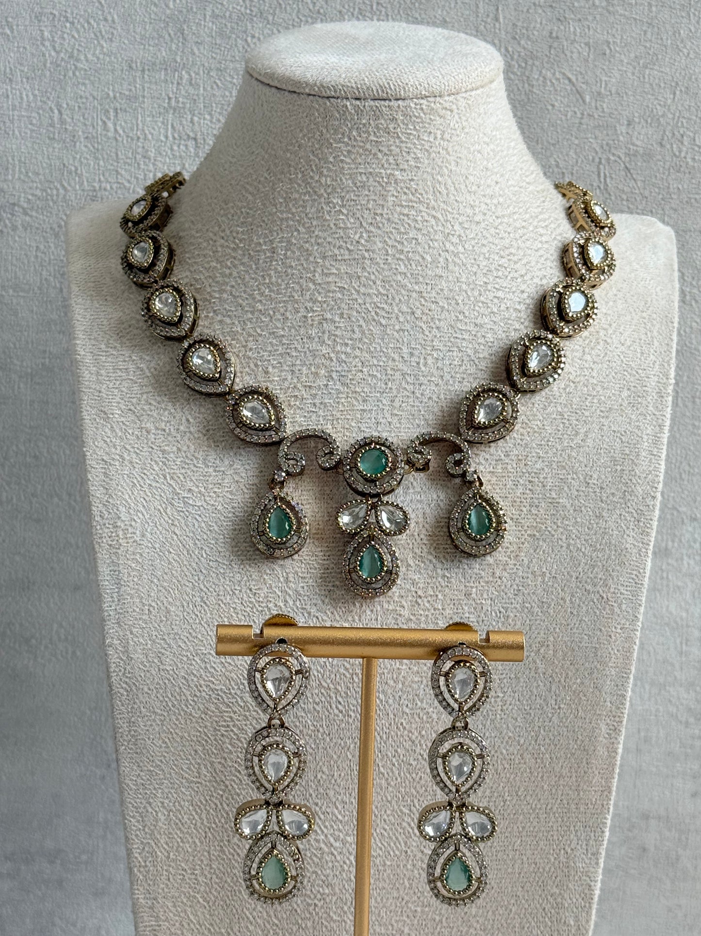 Ayura Designs Bianca Necklace Set with Earrings – Mint Green & White Kundan, Crystals & Gold Finish