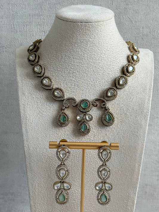Ayura Designs Bianca Necklace Set with Earrings – Mint Green & White Kundan, Crystals & Gold Finish