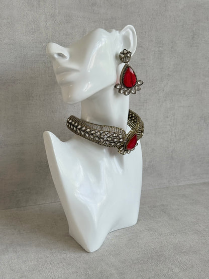 Ayura Designs Ziva Choker Set with Earrings – Ruby Red Teardrop Stone with Moissanite Style Detailing