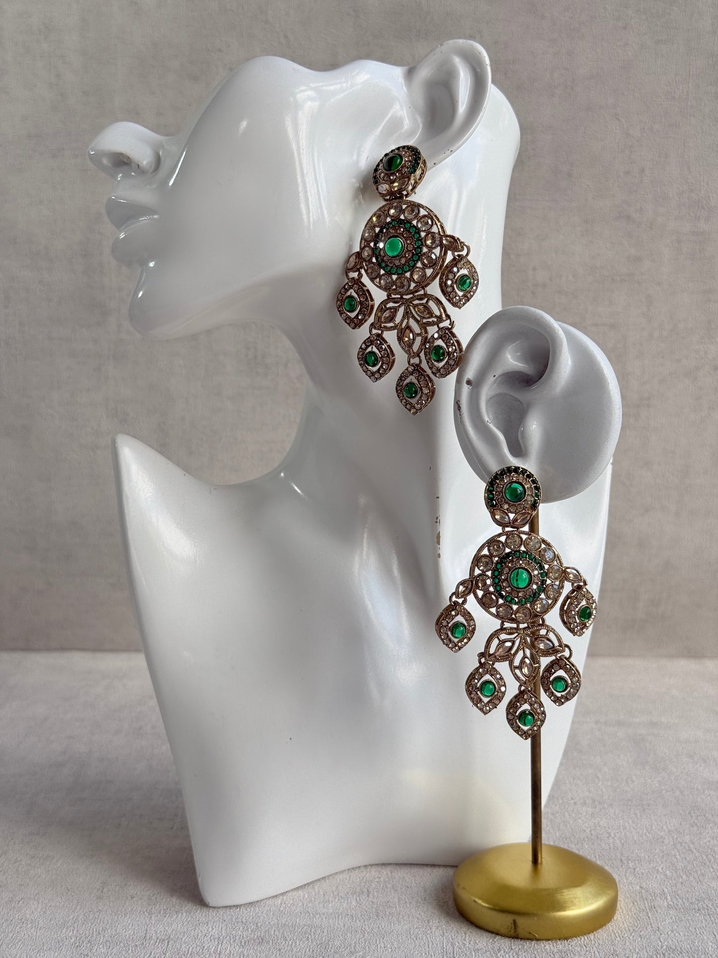 Ayura Designs Vanika Earrings – Emerald Green & Champagne Crystal Gold Finish