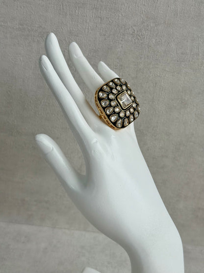 Ayura Designs Arzoo Adjustable Ring – Mirror-Cut Stone Centre with Green Enamel & Crystal Detailing