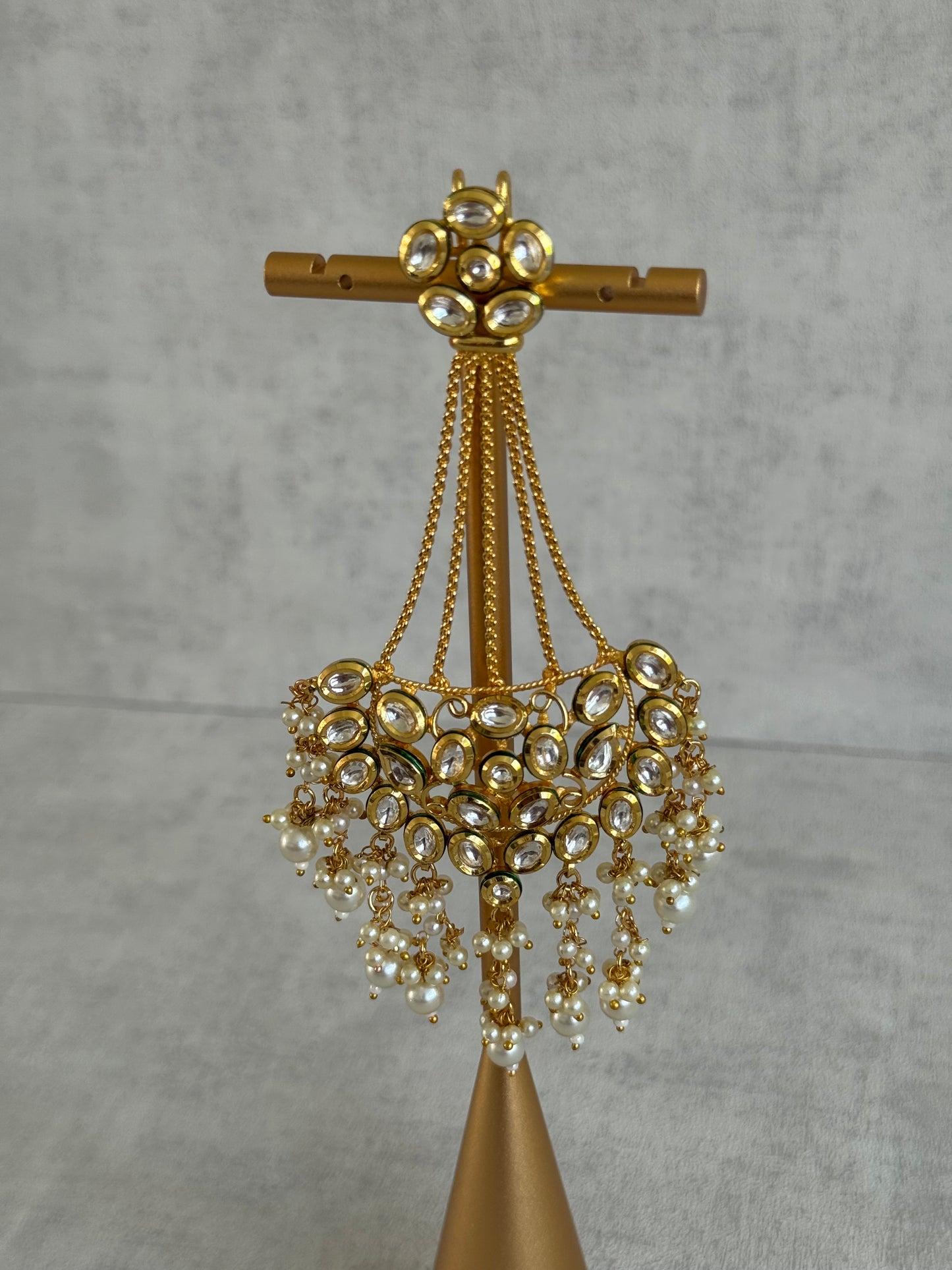 Ayura Designs Sophia Passa Jhoomar – Antique Gold with Kundan Stones & Pearl Clusters