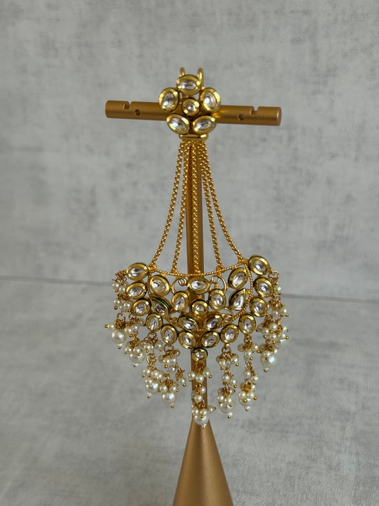 Ayura Designs Sophia Passa Jhoomar – Antique Gold with Kundan Stones & Pearl Clusters