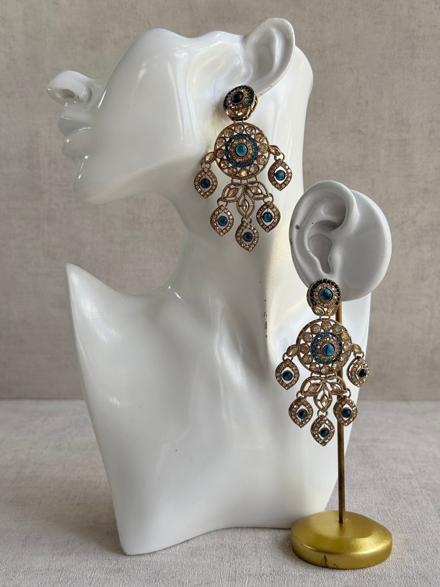 Ayura Designs Vanika Earrings – Sapphire Blue & Champagne Crystal Gold Finish