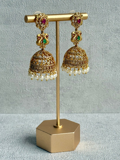 Ayura Designs Darya Jhumkis – Gold Peacock Motif Jhumkis with Ruby Pink, Emerald Green and Pearl Detailing
