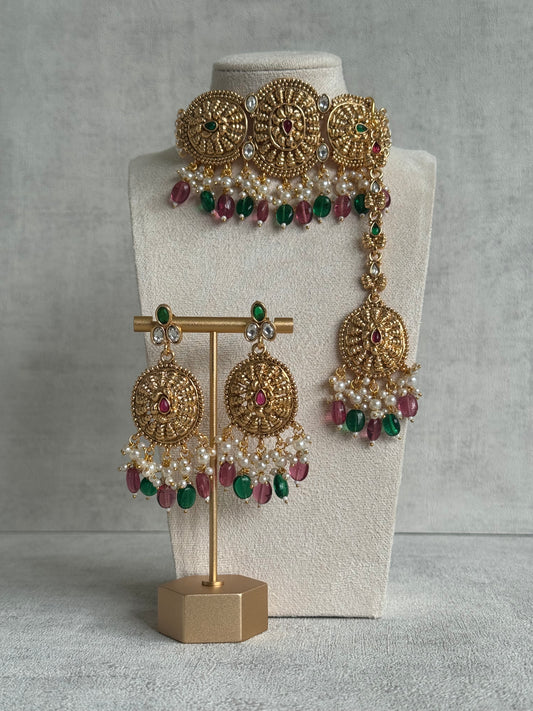 Ayura Designs Tanveer Choker Set with Earrings & Tikka – Antique Gold with Mirror-Cut Stones, Ruby & Emerald Beads