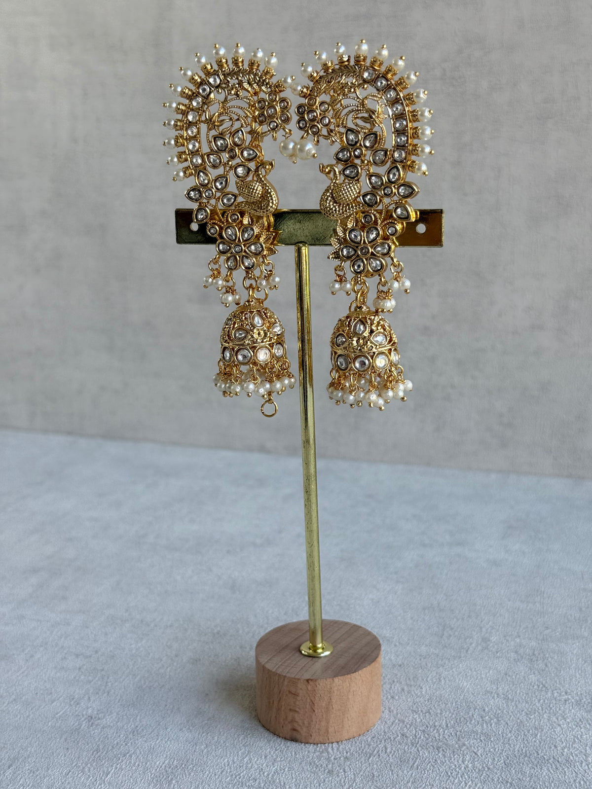 Ayura Designs Nitya Kaanphool Jhumkis – Gold Half Ear Cuff Earrings, Peacock Motifs, Kundan, Ivory Pearl Drops & Sahare
