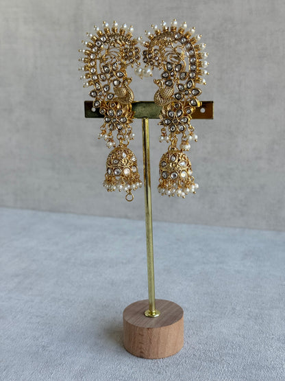 Ayura Designs Nitya Kaanphool Jhumkis – Gold Half Ear Cuff Earrings, Peacock Motifs, Kundan, Ivory Pearl Drops & Sahare