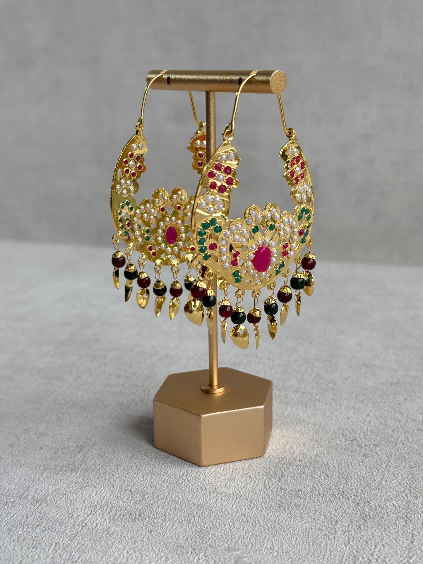 Ayura Designs Nimrat Balis – Pink & Multicolour Stones with Maroon & Green Beads and Pippal Patti Detailing