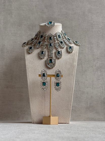 Ayura Designs Zinnia Set – Necklace, Earrings & Tikka with Teal Stones and Mirror-Cut Polki in Silver Finish