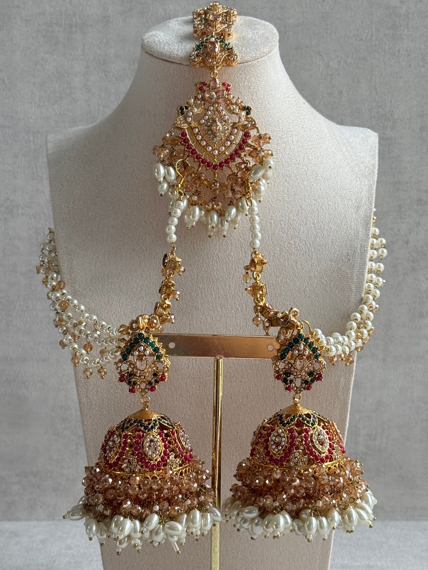 Ayura Designs Safia Tikka Set with Sahare Earrings – Champagne Crystals with Ruby & Emerald