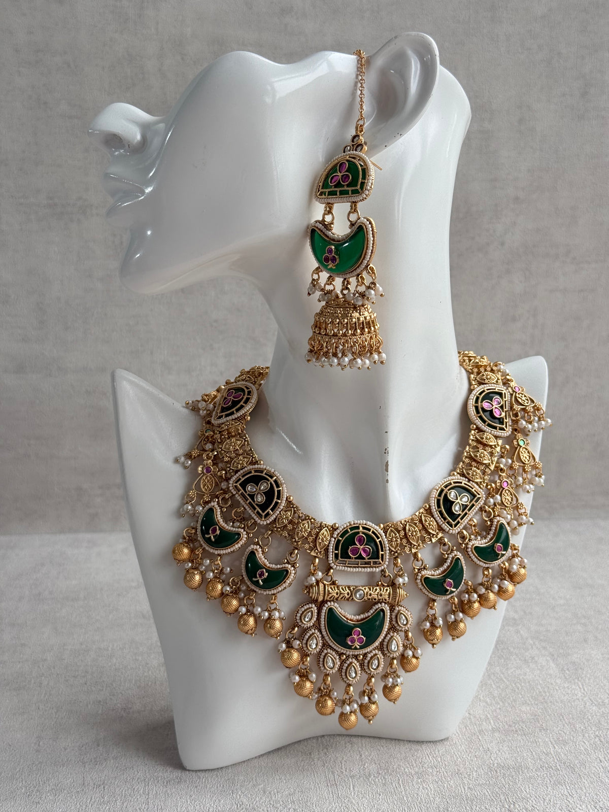 Ayura Designs Tafiza Necklace Set with Sahare Jhumki Earrings & Tikka – Emerald Green, Rani Pink, Kundan, Pearls & Antique Gold Finish