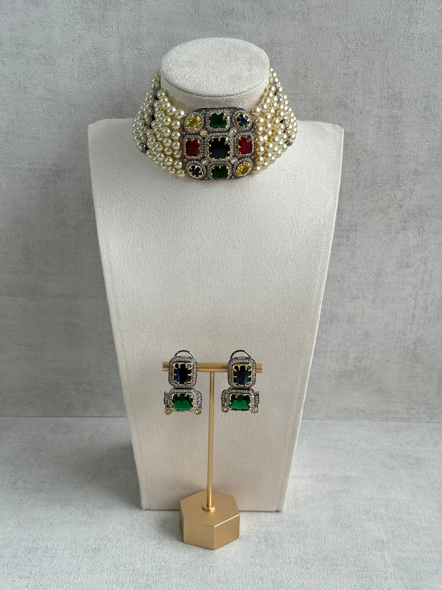 Ayura Designs Amelia Choker Set with Earrings – Moissanite Stonework with Layered Pearls in Antique Silver Finish (Deep Jewel Tones)