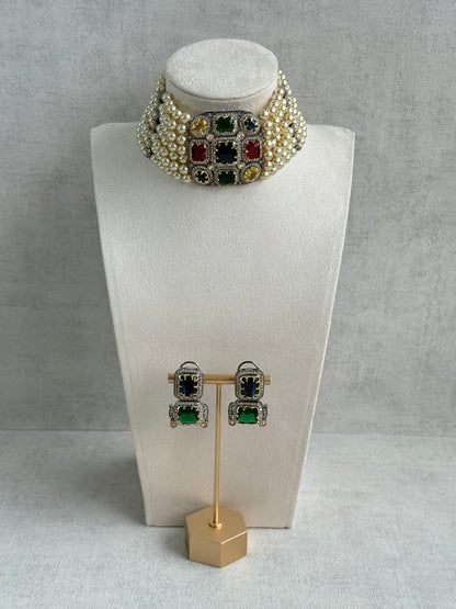 Ayura Designs Amelia Choker Set with Earrings – Moissanite Stonework with Layered Pearls in Antique Silver Finish (Deep Jewel Tones)