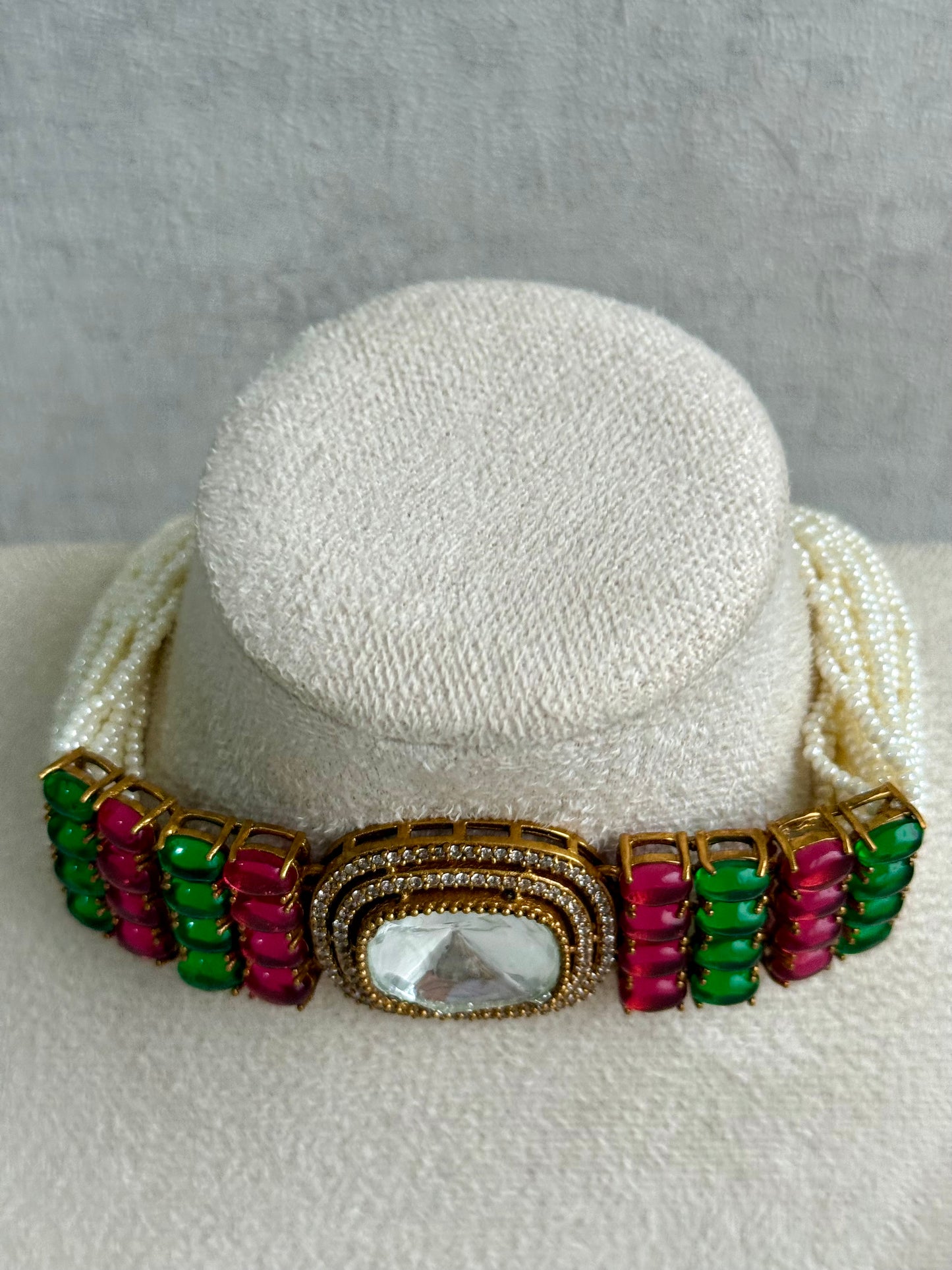 Ayura Designs Emma Choker Set – Fuchsia Pink & Emerald Green Gemstone Choker & Studs with Mirror-Cut Centrepiece, Pearl Strands & Crystal Borders