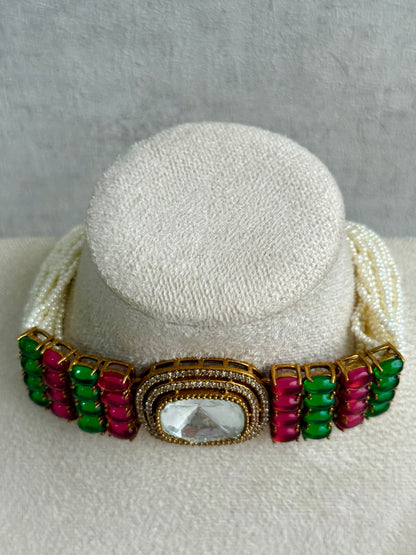 Ayura Designs Emma Choker Set – Fuchsia Pink & Emerald Green Gemstone Choker & Studs with Mirror-Cut Centrepiece, Pearl Strands & Crystal Borders