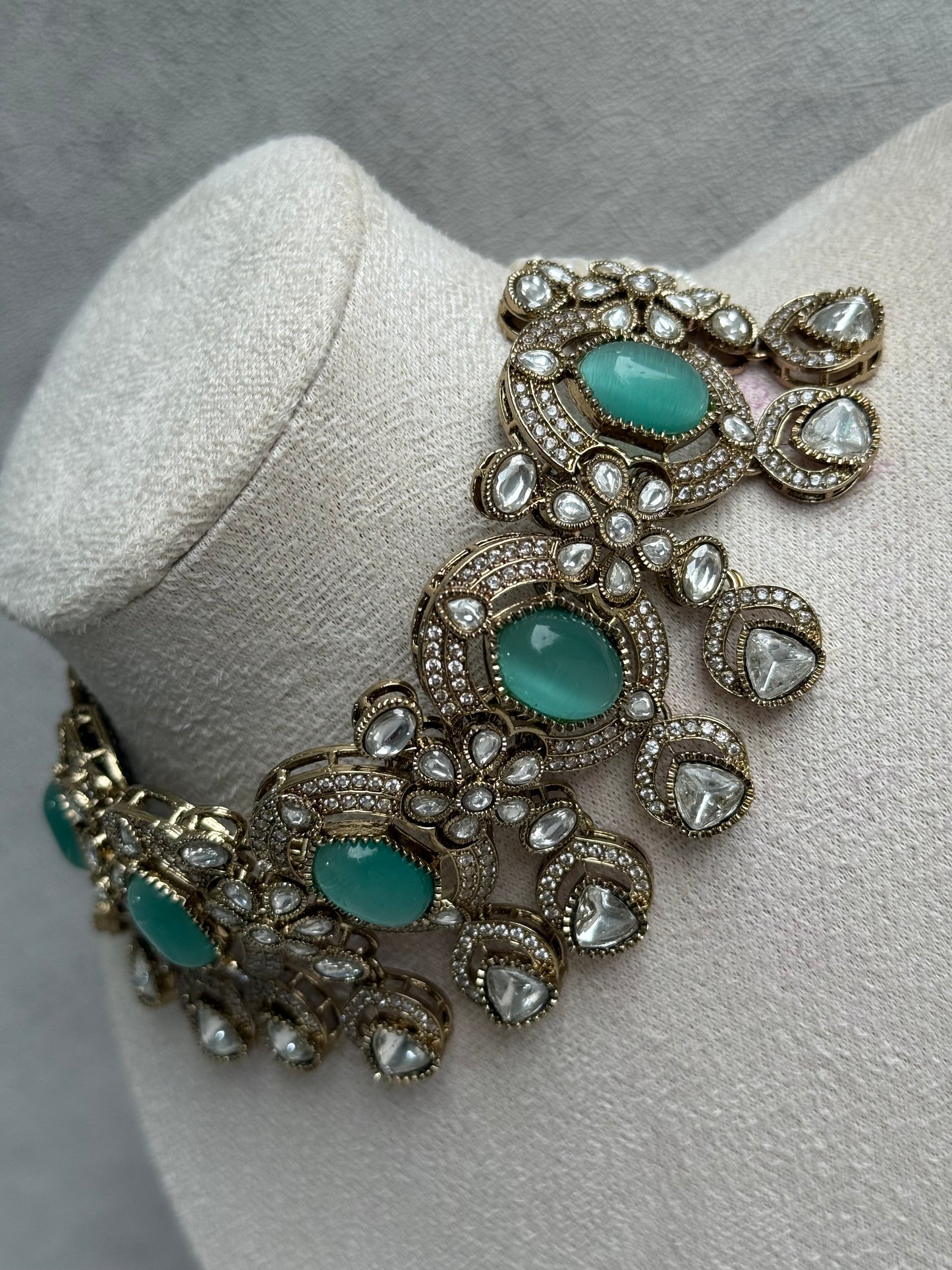 Ayura Designs Emanya Choker Set – Choker, Earrings & Tikka with Mirror-Cut Stones, Aqua & Antique Gold Detailing
