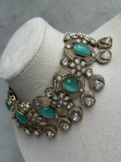 Ayura Designs Emanya Choker Set – Choker, Earrings & Tikka with Mirror-Cut Stones, Aqua & Antique Gold Detailing
