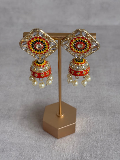 Ayura Designs Rangoli Jhumkis – Marigold Yellow, Ruby Red & Green Meenakari with Pearl Drops in Antique Gold Finish