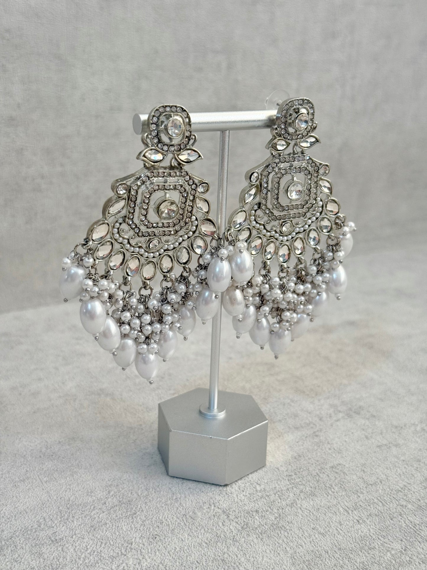 Ayura Designs Vinari Earrings – Silver Crystal Chandelier Earrings with Pearl Clusters