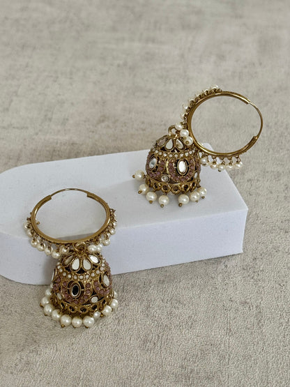 Ayura Designs Jugni Bali Jhumkas – Antique Gold with Mauve & Pearl Accents