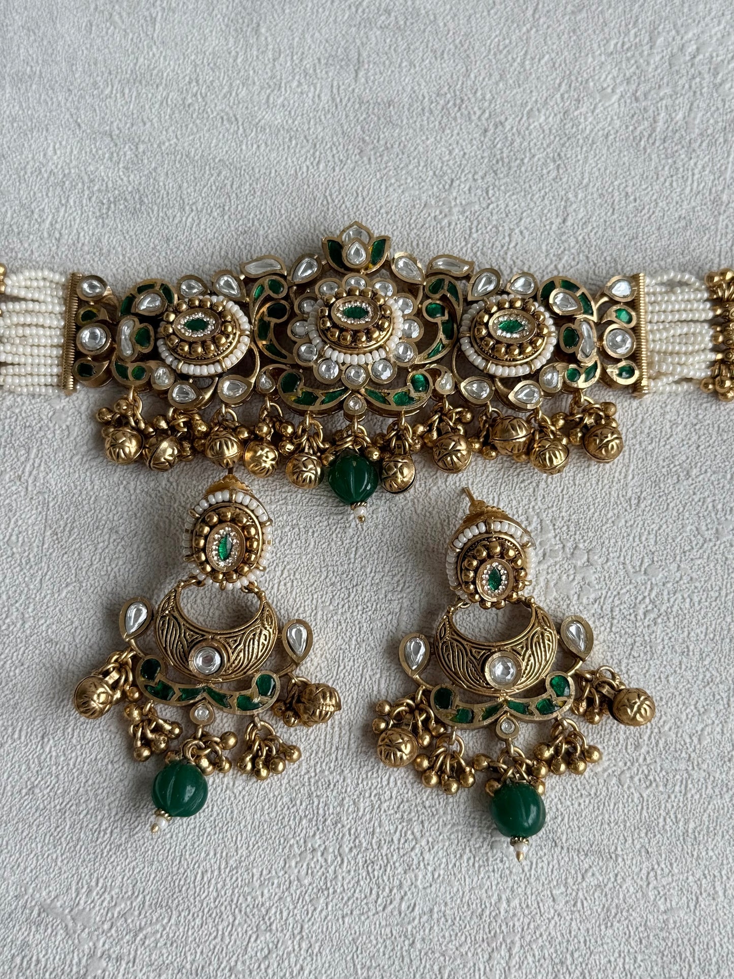 Ayura Designs Sufna Choker Set with Earrings – Emerald Green Stones, Pearl Strands & Kundan Detailing