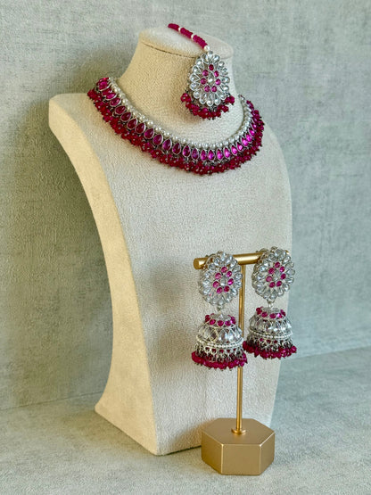 Ayura Designs Saima Set – Necklace, Jhumkis & Tikka in Fuchsia Pink with Silver Finish