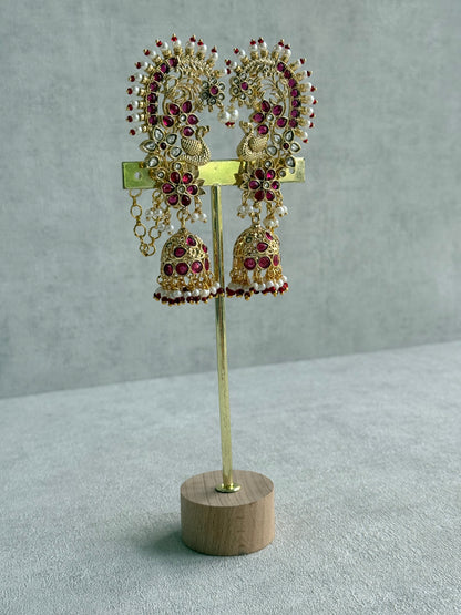 Ayura Designs Nitya Kaanphool Jhumkis – Gold Peacock Motifs, Pink Kundan & Pearl Drops with Attached Sahare