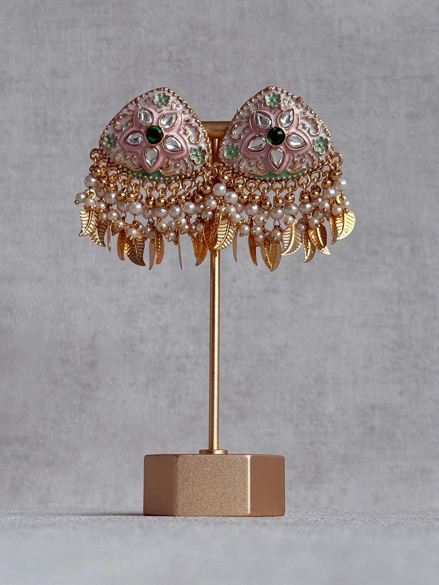 Ayura Designs Rozina Earrings – Floral Meenakari Earrings with Emerald Green Centre Stone, Pearl Clusters & Gold Leaf Charms