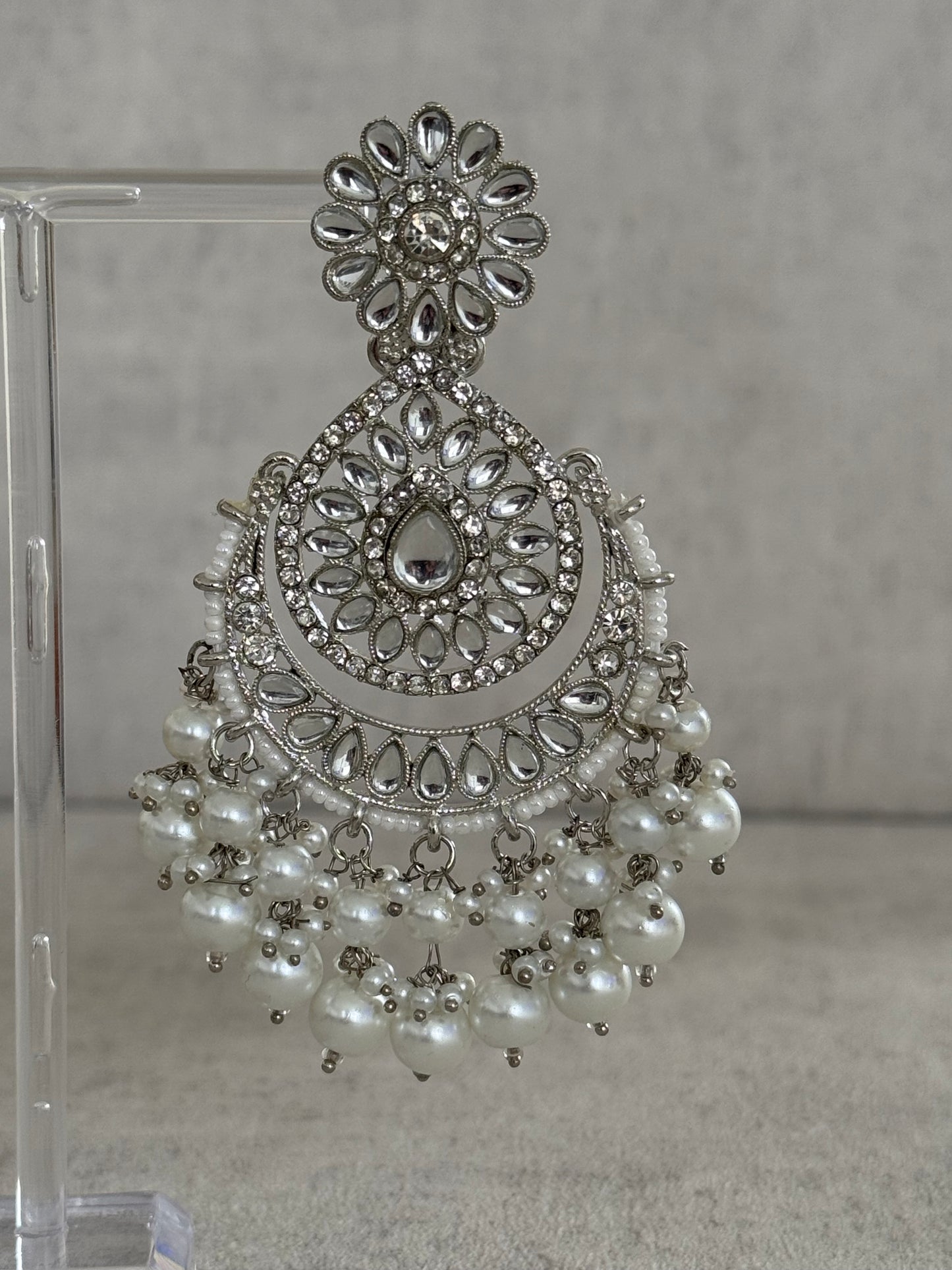 Ayura Designs Seher Tikka & Earrings Set – Radiant Silver with Luminous White Pearls