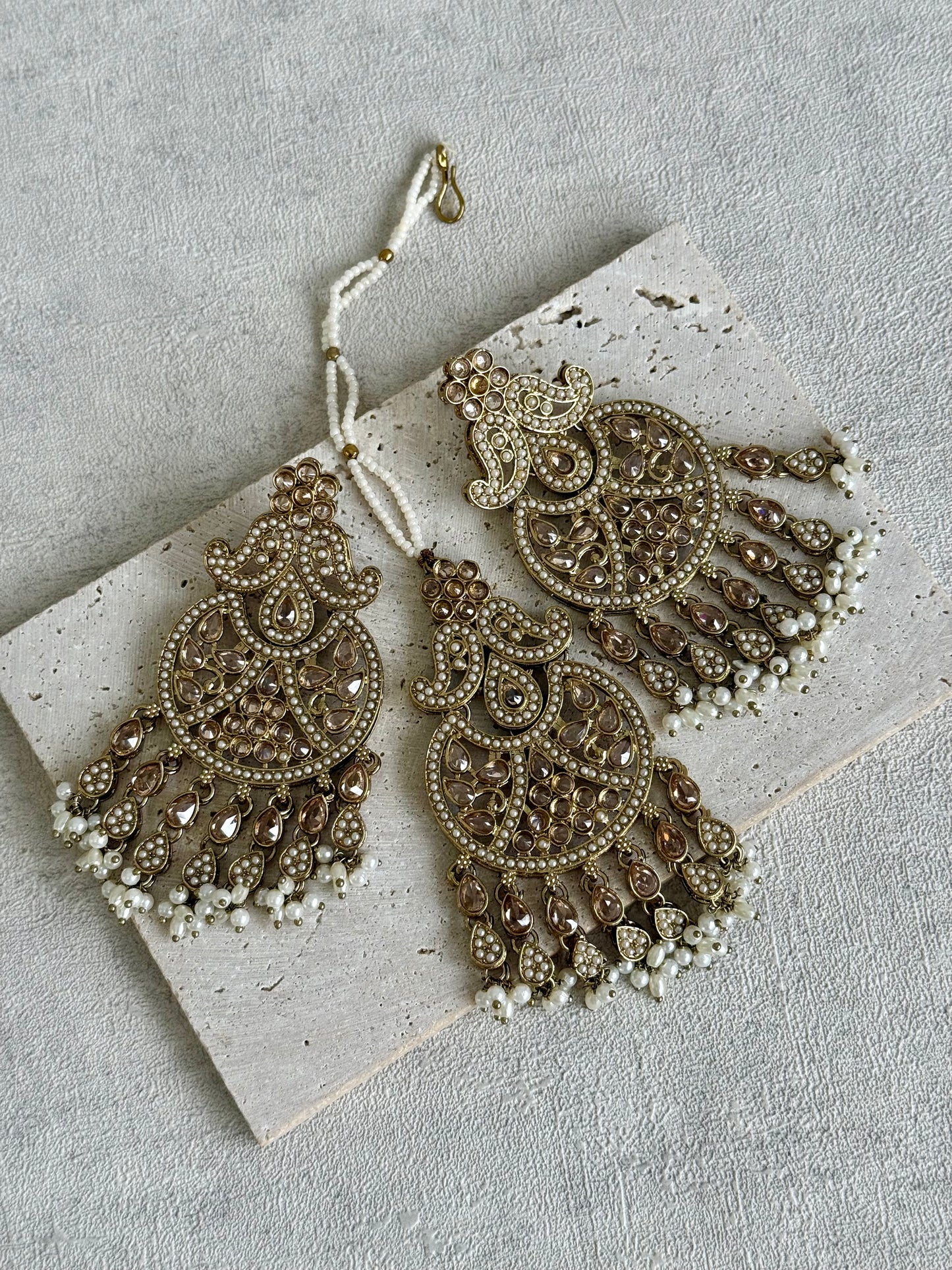 Ayura Designs Anvi Tikka Set with Earrings – Champagne Stones with Ivory Pearl Drops