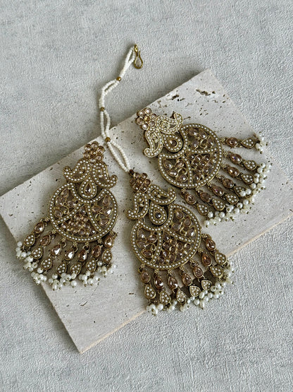 Ayura Designs Anvi Tikka Set with Earrings – Champagne Stones with Ivory Pearl Drops