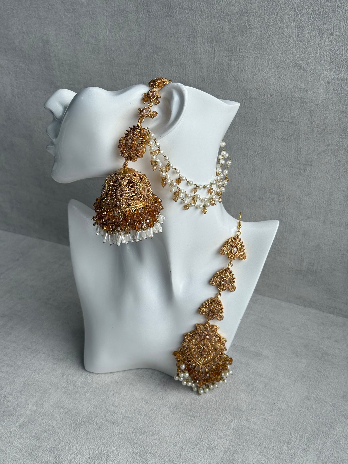 Ayura Designs Safia Tikka Set with Sahare Earrings – Champagne Gold Beads & Pearls
