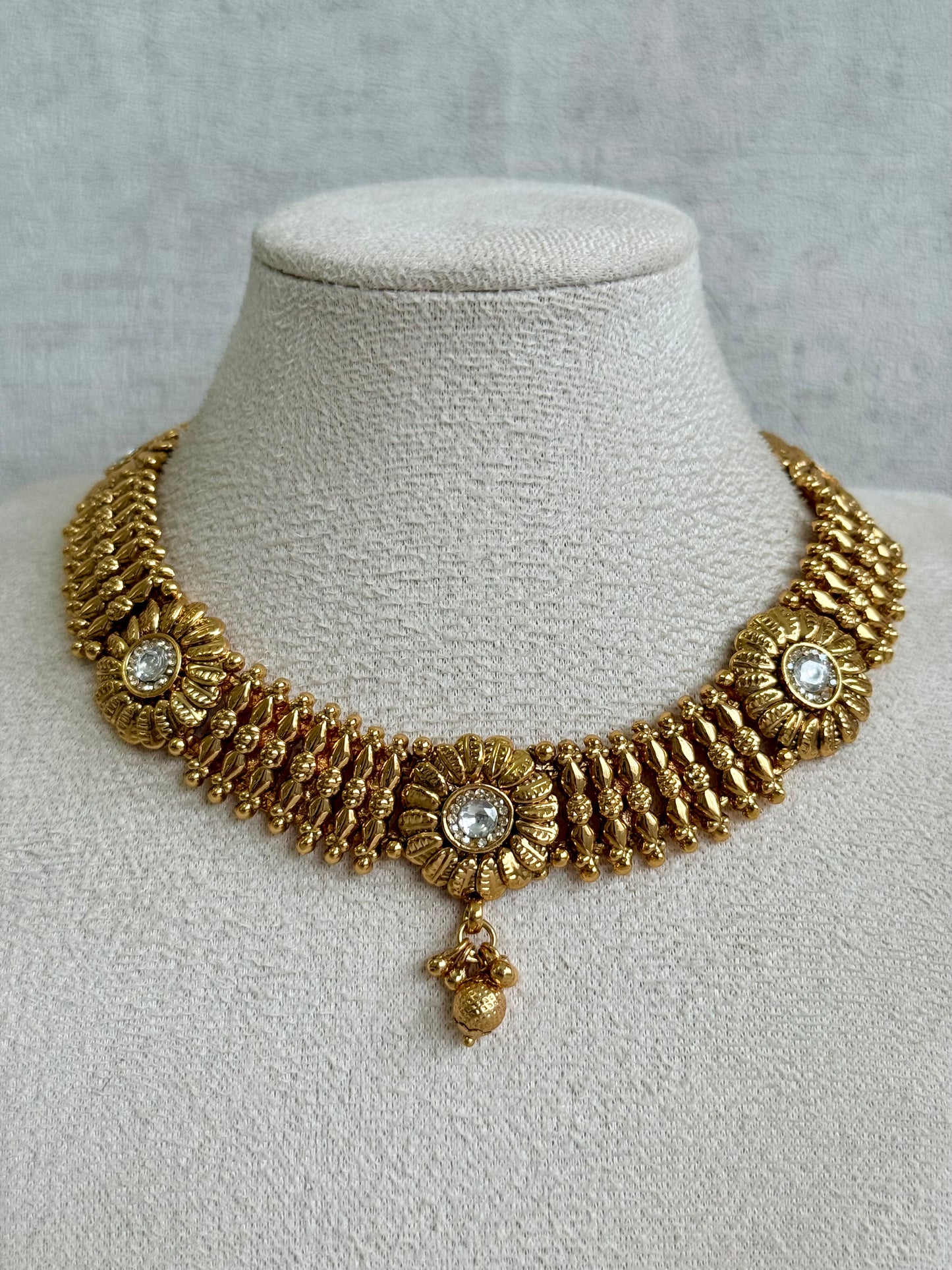 Ayura Designs Arisa Choker Set with Jhumkis – Antique Gold Floral Motifs with Ghungroo Drops