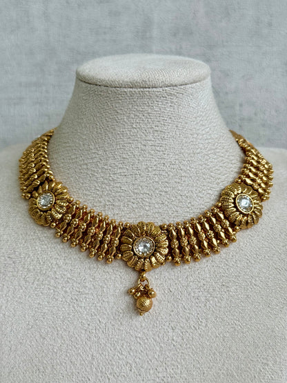 Ayura Designs Arisa Choker Set with Jhumkis – Antique Gold Floral Motifs with Ghungroo Drops