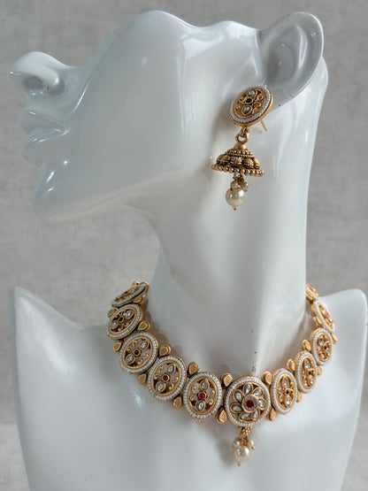 Ayura Designs Laina Necklace Set with Jhumkis – Kundan & Rani Pink Stones, Pearls & Antique Gold Finish