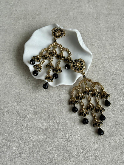 Ayura Designs Jasmine Earrings – Black Chandelier Earrings with Antique Gold Detailing & Tiered Drops
