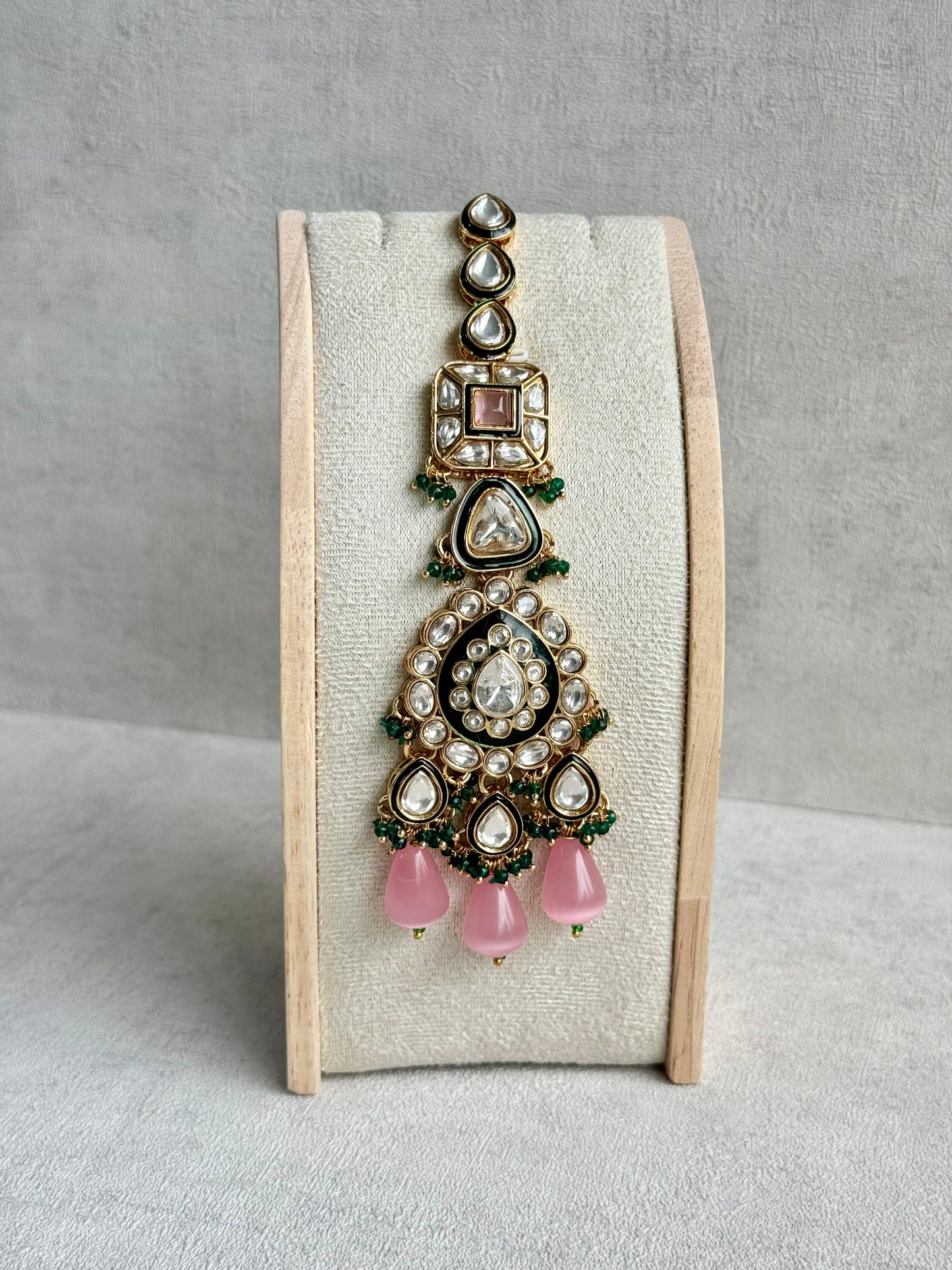 Ayura Designs Zahira Bridal Set with Necklace, Earrings & Tikka – Kundan Detailing with Blush Pink Drops, Green Enamel & Green Bead Accents