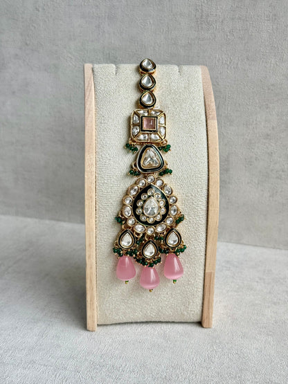 Ayura Designs Zahira Bridal Set with Necklace, Earrings & Tikka – Kundan Detailing with Blush Pink Drops, Green Enamel & Green Bead Accents
