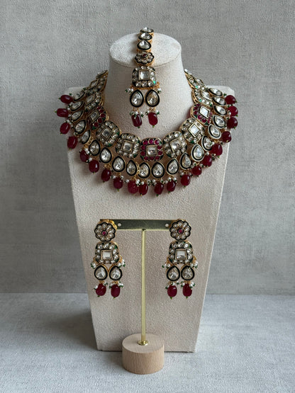 Ayura Designs Salma Set – Necklace, Earrings & Tikka with Mirror-Cut Kundan, Ruby Red Beads, Emerald Green Meenakari & Gold Finish