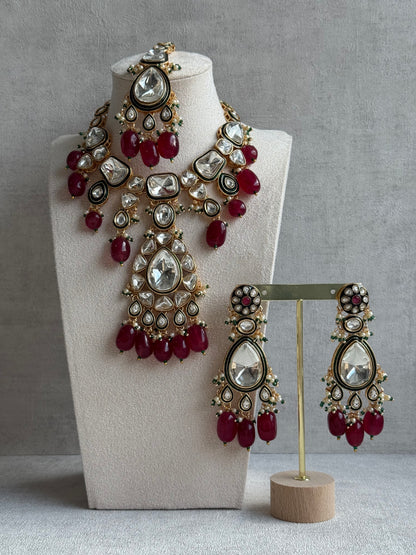 Ayura Designs Serhat Set – Necklace, Earrings & Tikka with Ruby Red Beads, Green Meenakari, Mirror-Cut Polki Stones & Gold Finish