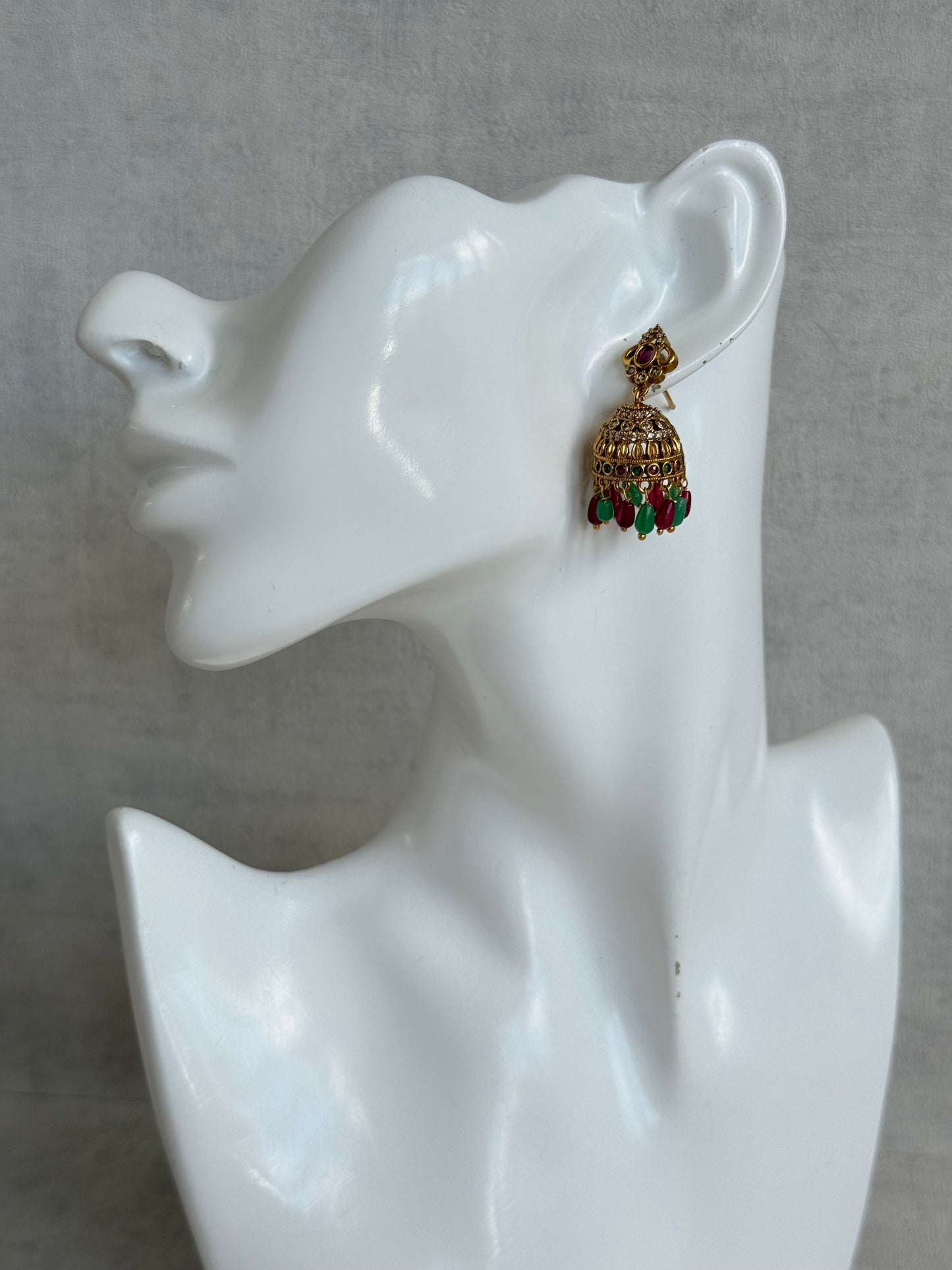 Ayura Designs Devi Jhumkis – Ruby Pink & Green Stones with Clear Stone Detailing & Gold Finish