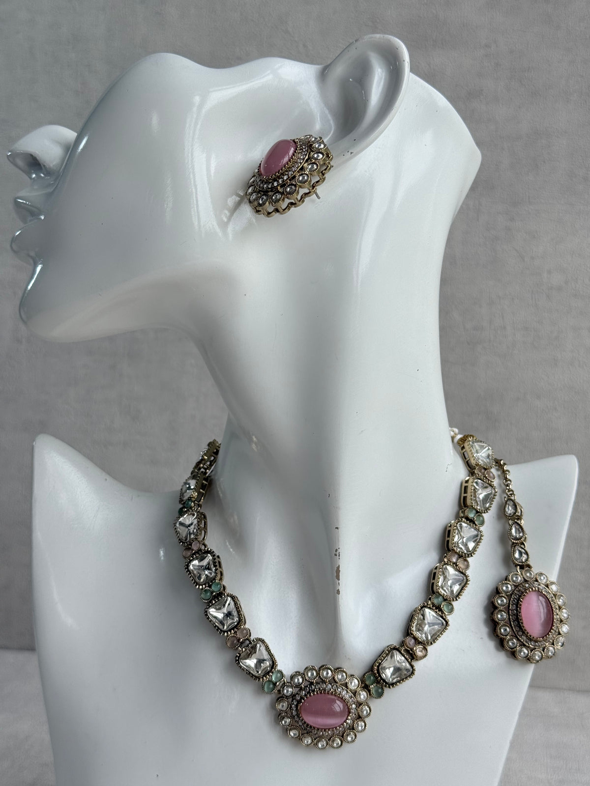 Ayura Designs Inza Necklace Set – Blush Pink & Mint Green Stones, Kundan & Crystals with Antique Gold Finish