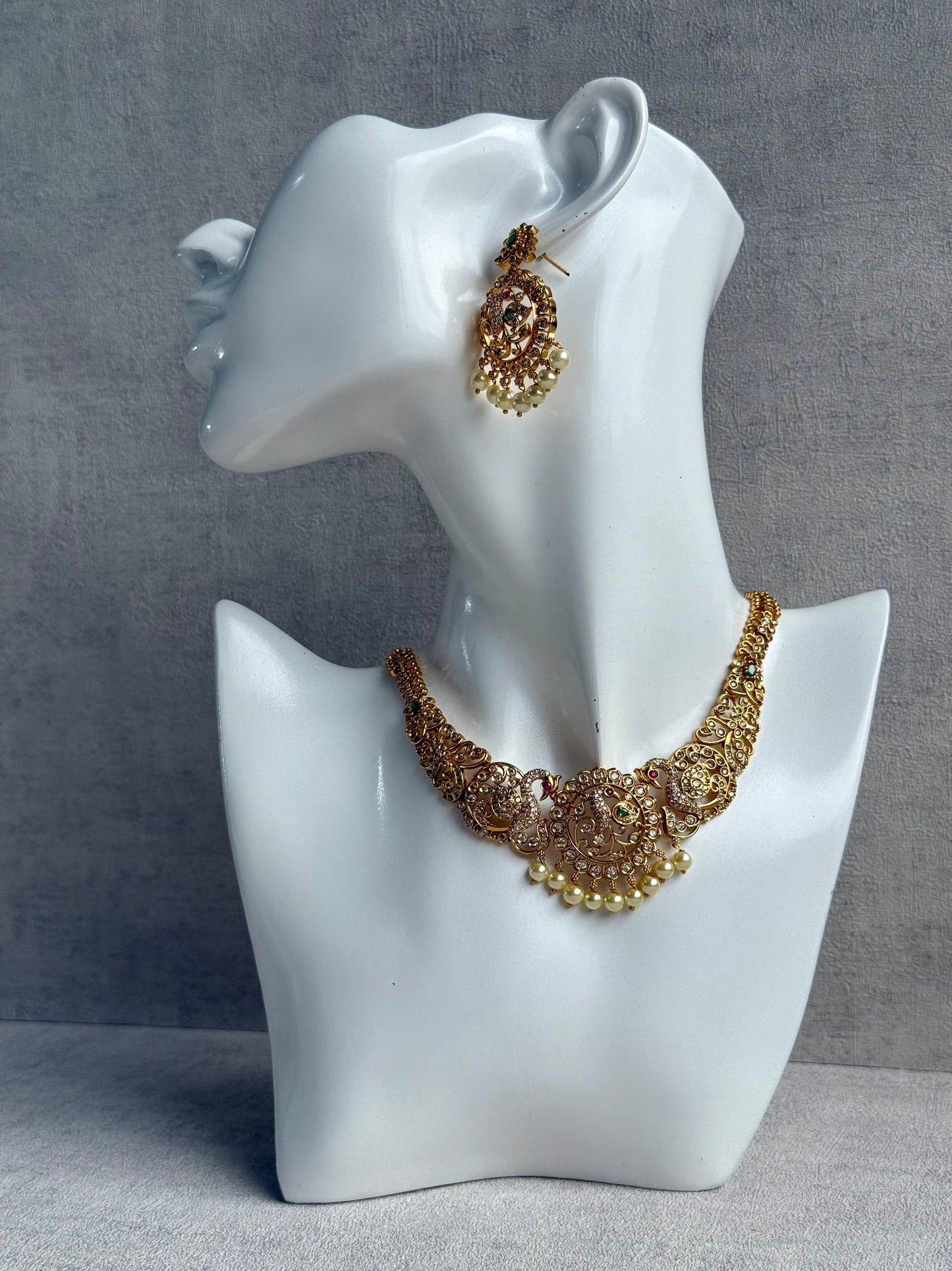 Ayura Designs Vedya Set – Antique Gold Peacock Necklace with Kundan, Emerald & Pearl Detailing
