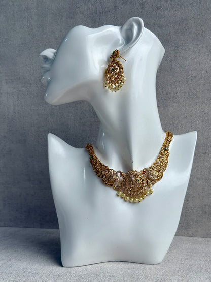 Ayura Designs Vedya Set – Antique Gold Peacock Necklace with Kundan, Emerald & Pearl Detailing