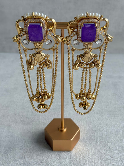 Ayura Designs Jaid Earrings – Royal Purple Floral Motif with Layered Chains & Ghungroos